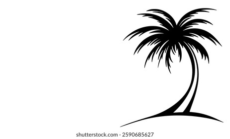 Silhouette palm tree on island. Tropical beach summer vacation concept. Travel tourism advertisement graphic. Black ink vector illustration minimalistic vector style white background