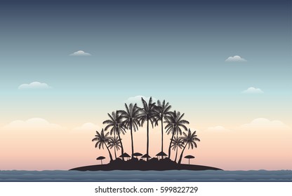 Silhouette palm tree on island under blue sky background (vector)