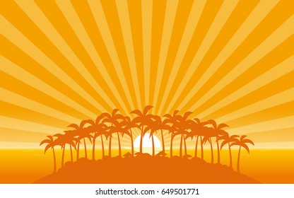 Silhouette palm tree on island in flat icon design with sunshine ray background