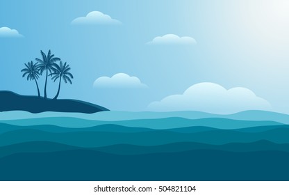 Silhouette palm tree on shore at noon with blue color sky in flat icon design background (vector)