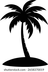 Silhueta de uma palmeira em uma pequena ilha, ilustração tropical simples e icônica.