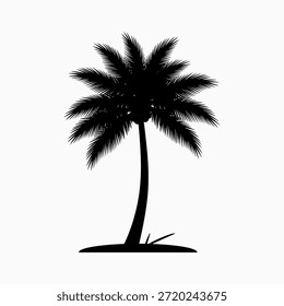 Una silueta de una palmera en una Pequeña isla con hierba en su base, sobre un fondo blanco.