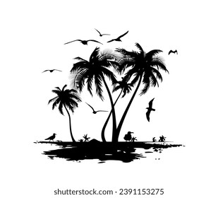 Silhouette of a palm tree on a white background with seagulls. hand drawing. Not AI. Vector illustration
