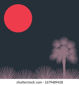 Silhouette of a palm tree and red tropical moon on dark background. Vector illustration with copy space