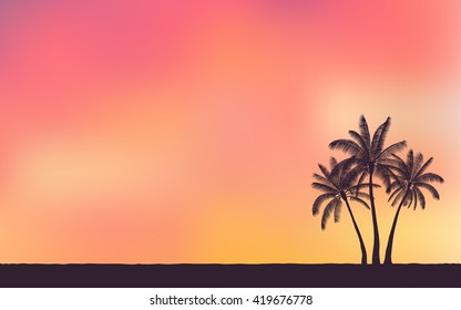 Silhouette palm tree and sunset sky in flat icon design with vintage filter background (vector)