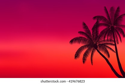 Silhouette palm tree and sunset sky in flat icon design with vintage filter background (vector)