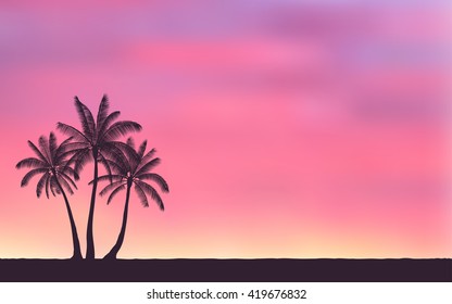 Silhouette palm tree and sunset sky in flat icon design with vintage filter background (vector)