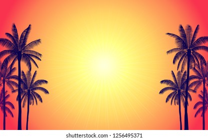 Silhouette palm tree and sunshine ray in flat icon design with vintage filter background