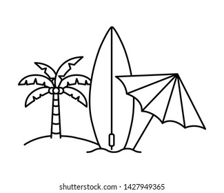 silhouette of palm tree with surfboard in white background