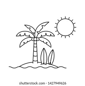 silhouette of palm tree with surfboard in white background