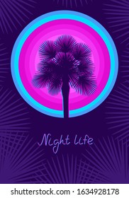 Silhouette of a palm tree and tropical sunset on violet background. Flyer for night club or music dance festival with copy space