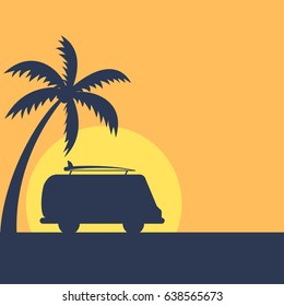 Silhouette of palm tree and van during sunset