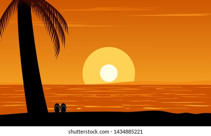 Silhouette of palm tree view on beach under sunset sky background. Design summer vector illustration