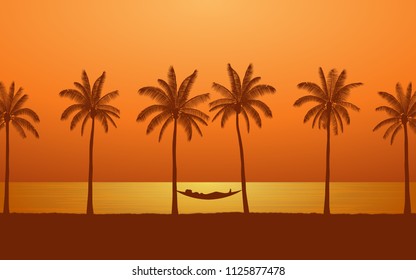 Silhouette palm tree with woman in hammock on beach under sunset sky background