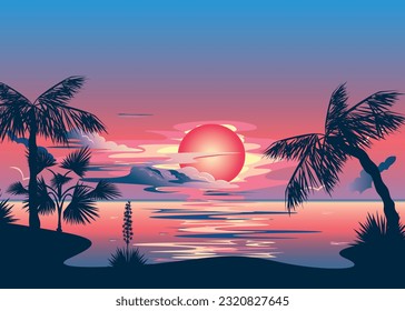 Silhouette de palmeras al fondo de la puesta de sol y del mar. Un paisaje tropical. Vacaciones de verano. Ilustración vectorial.