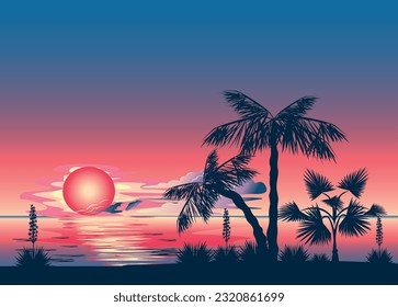 Silhouette de palmeras al fondo de la puesta de sol y del mar. Un paisaje tropical. Vacaciones de verano. Ilustración vectorial.