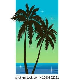 silhouette of palm trees against the sea and blue sunset star in a rectangular frame