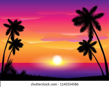 Silhouette of palm trees against the setting sun over the sea