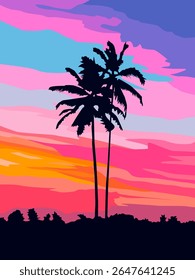 Silhouette of palm trees against sunset. Vector illustration depicting silhouettes of two palm trees against the sky at sunset, filled with vibrant tropical colors to decorate your designs 