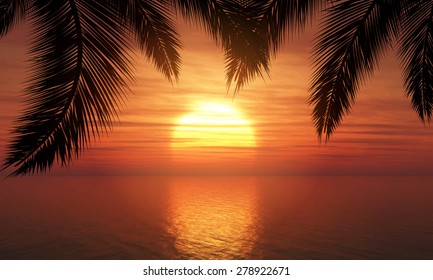 Silhouette of palm trees against a sunset ocean