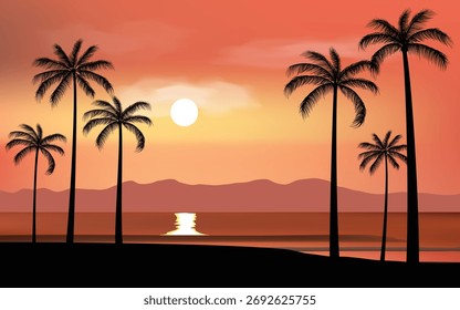 Fondo de las palmeras, con la montaña y el mar	
