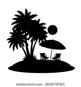 Silhouette of palm trees, beach chairs, umbrella, and sun setting over the ocean creating a relaxing tropical atmosphere