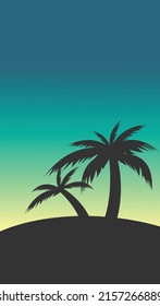 Silhouette of Palm trees at colorful sunset or sunrise. Tropical coconut trees against gradient background. Evening on summer beach. Vector illustration