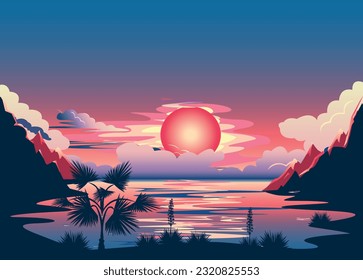 Silhouette de palmeras y montañas al fondo del sol. Paisaje tropical por la noche. Vacaciones de verano. Ilustración vectorial.