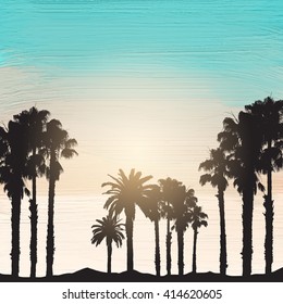 Silhouette of palm trees on an acrylic paint background