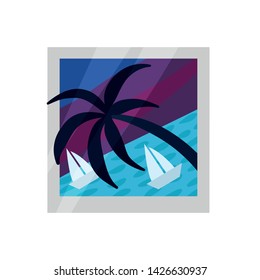 Silhouette palm trees on the background of the sea. Vector illustration on white background.