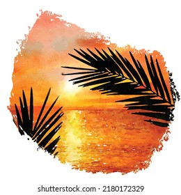 Silhouette of palm trees on the background of orange golden sunset over the sea or ocean. Abstract brush stroke isolated on white background. Watercolor style. Vector illustration. Clipart