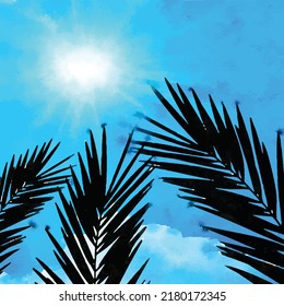 Silhouette of palm trees on the background of sun in blue sky.  Watercolor style. Vector illustration. Clipart