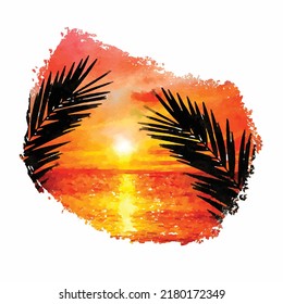 Silhouette of palm trees on the background of orange golden sunset over the sea or ocean. Abstract brush stroke isolated on white background. Watercolor style. Vector illustration. Clipart