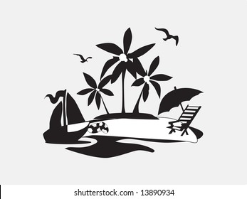 palmeras de silueta en la playa con barco, ilustración vectorial