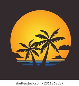 Silhouette of palm trees on the beach at sunset. Vector illustration