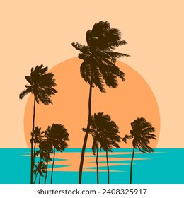 Silhouette of palm trees on the beach. Vector illustration.