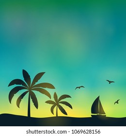 Silhouette of palm trees on colourful sky - summer background with copyspace. Vector.