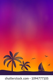 Silhouette of palm trees on colourful sky - summer background with copyspace. Vector.