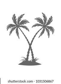 Silhouette of palm trees on the island. Vector illustration isolated white background. Tropical palm tree, branch and separate banana leaf.