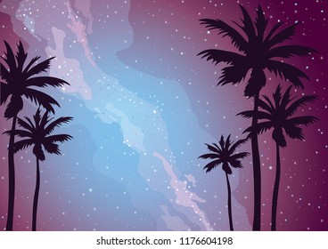 Silhouette of palm trees on a night sky with milky way and stars. Vector tropical illustration.