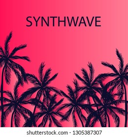 Silhouette of palm trees on a pink background, synthwave, tropical background with place for text