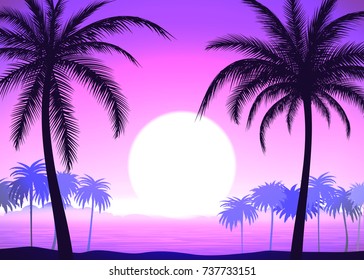 Silhouette of palm trees on the pink gradient tropical sunrise, vector illustration