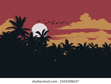 Silhouette of palm trees on sunset background
