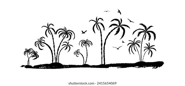 Silhouette of a palm trees on a white background with seagulls. hand drawing. Not AI. Vector illustration