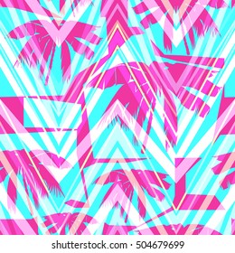 Silhouette palm trees on a zigzag pattern. Magenta palm trees pattern seamless.