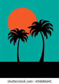 silhouette palm trees and orange sun