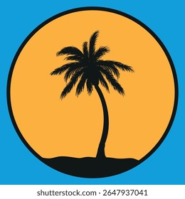 the silhouette of palm trees in a round frame against an orange sun or moon.