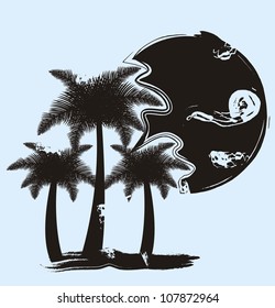 silhouette of palm trees with sun isolated on blue background, vector illustration