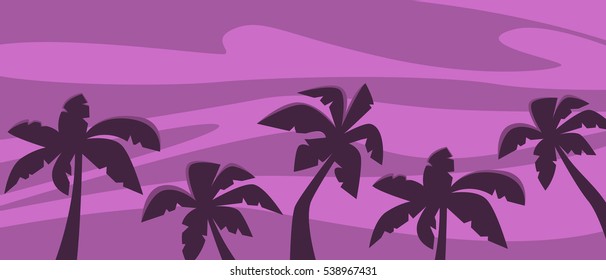 Silhouette of palm trees at sunset. Flat design. Vector illustration