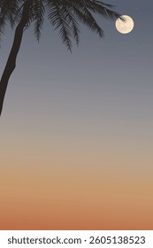 Silhouette palm trees with sunset sky with full moon vertical background graphic illustration have blank space.